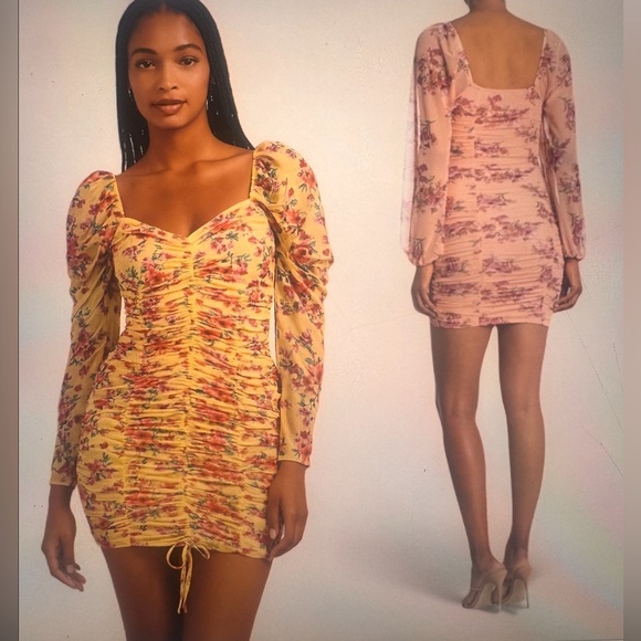 KENEDIK PowerMesh Ruched Floral Dress Yellow/Berry Pink/Berry Size Medium NWT - Picture 1 of 7